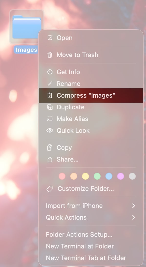Open Finder, Select Folder, Control-Click and Select Compress