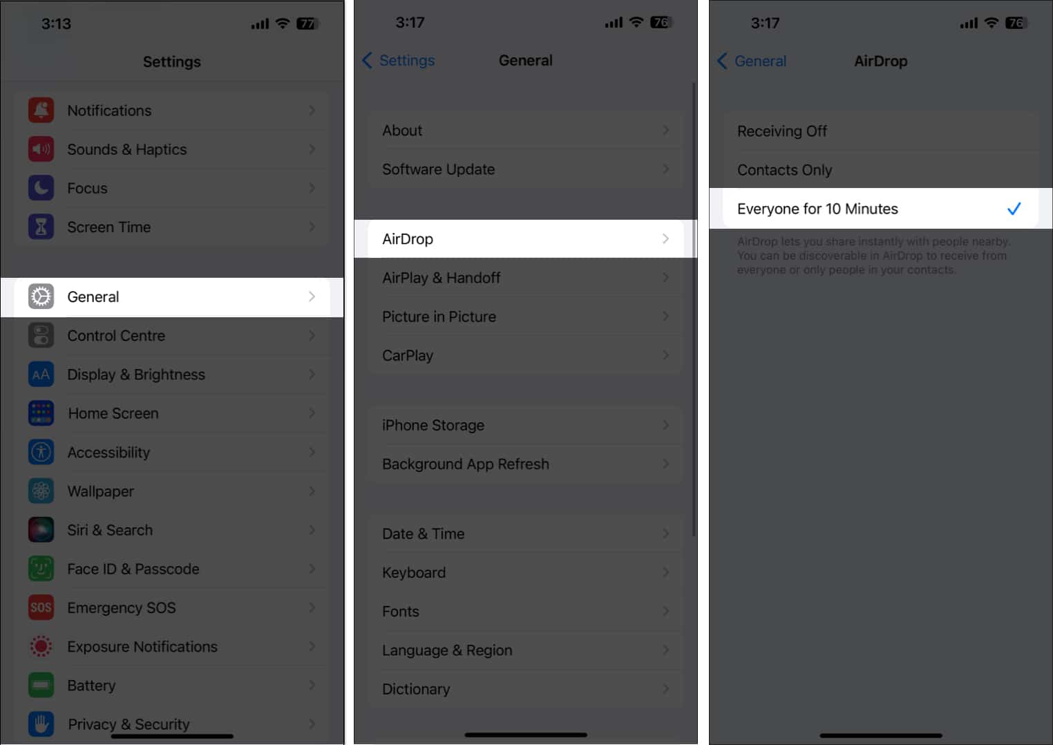 Open General, Airdrop, Everyone for 10 minutes in the settings app