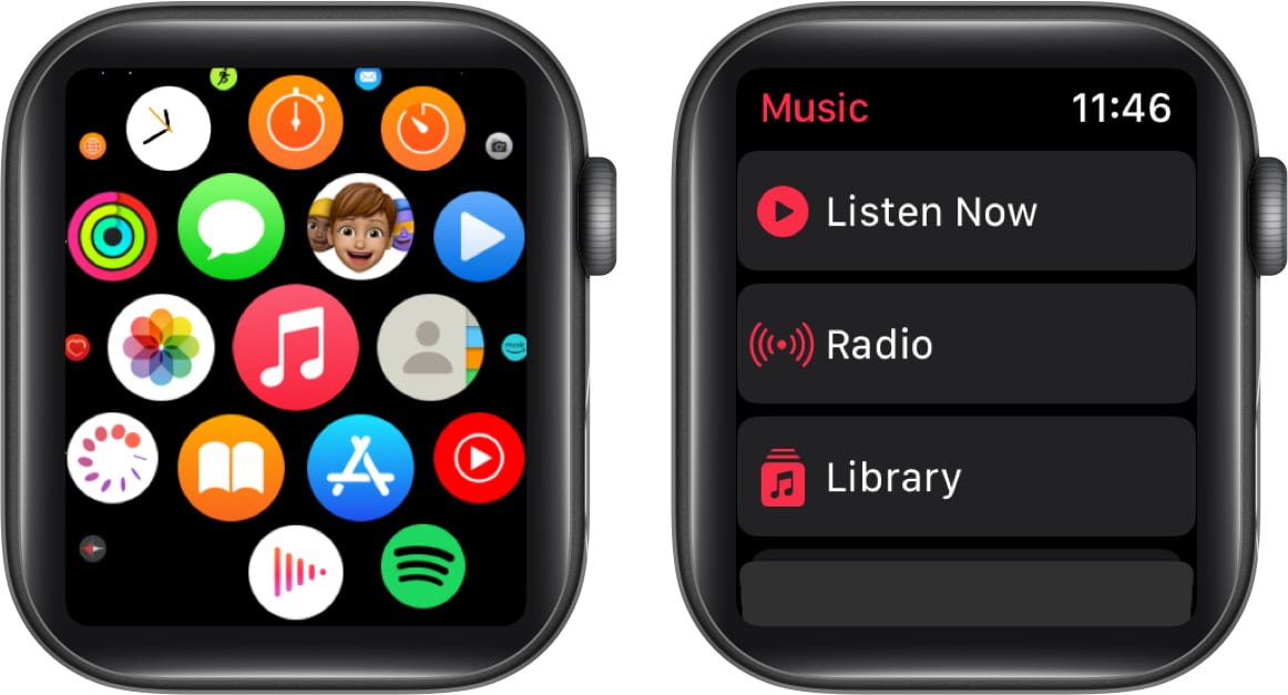 Open Music App and Tap Library on Apple Watch