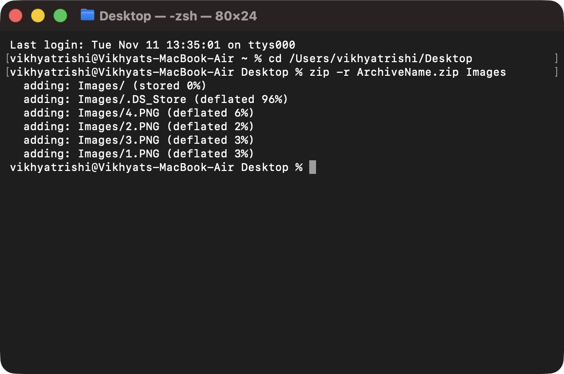 Press Return and Terminal will create the ZIP file