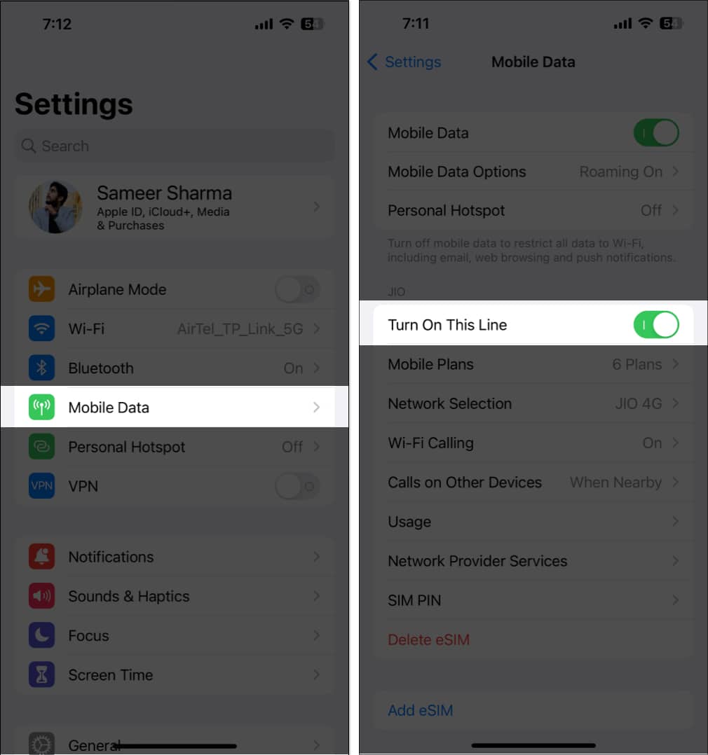 Select Cellular Data, choose eSIM network, and toggle off or on Turn On This Line