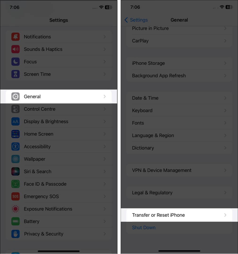 Select General and choose Transfer or Reset iPhone