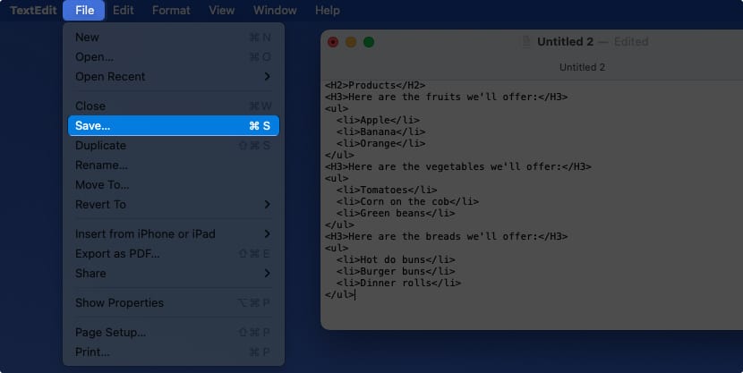 Select Save from TextEdit on Mac