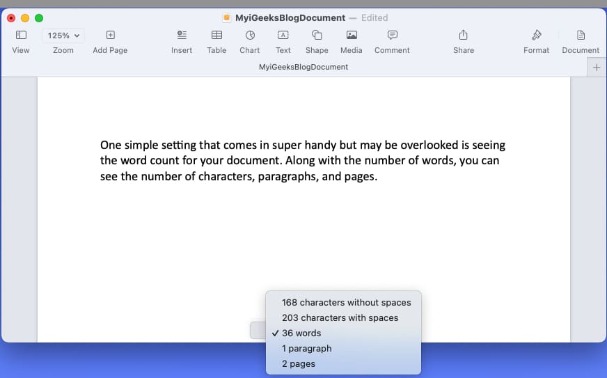 Show the word count in Pages