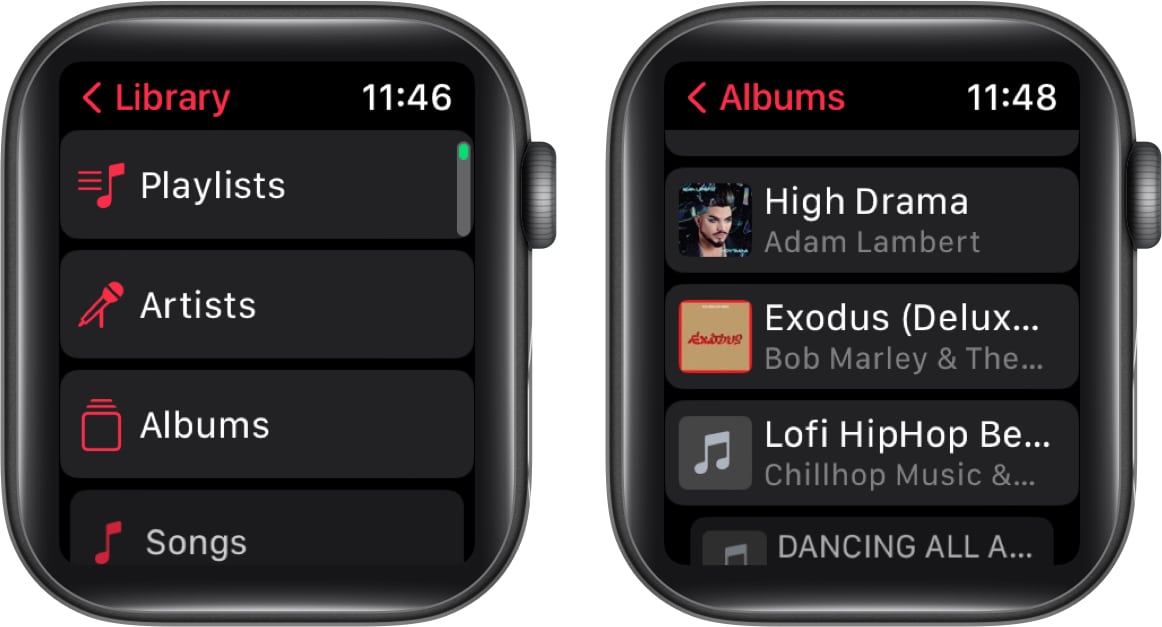 Tap Albums and Play the song from Apple Watch