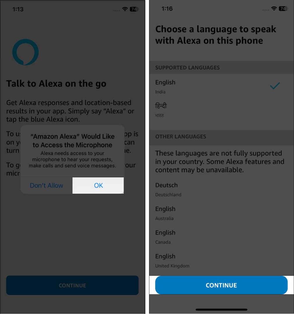 Érintse meg az OK, Folytatás gombot az alexa alkalmazásban