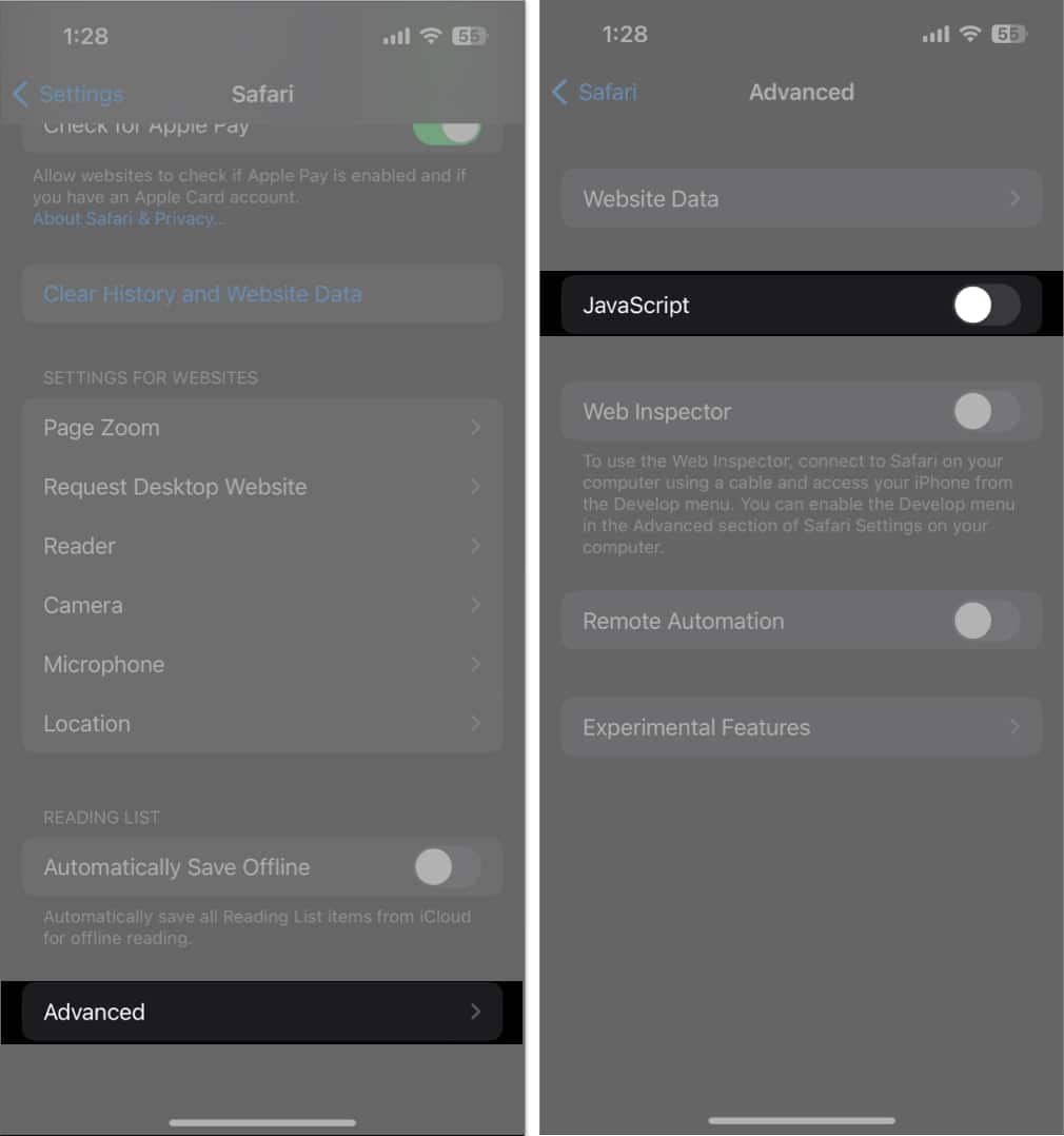 Tap advanced and toggle off javascript in settings app