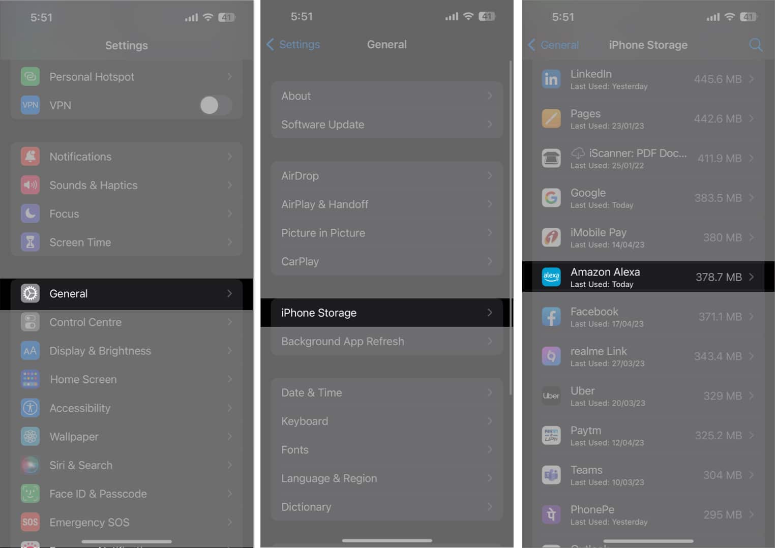 Tap general, iPhone storage, amazon alexa in the settings app
