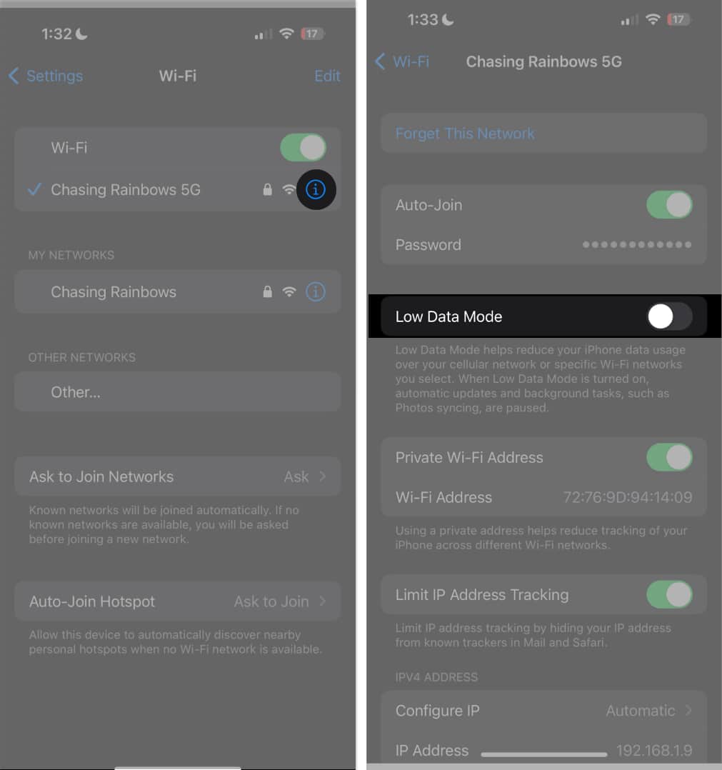 Tap info icon, toggle off low data mode in wi-fi settings