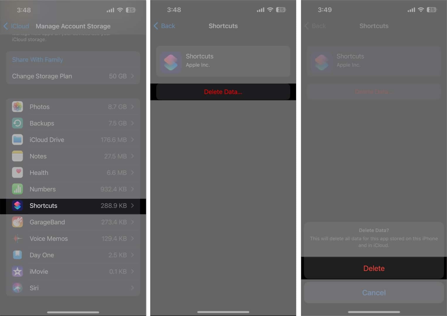 Tap Shortcuts & Delete & Delete Data in the Settings app (1)