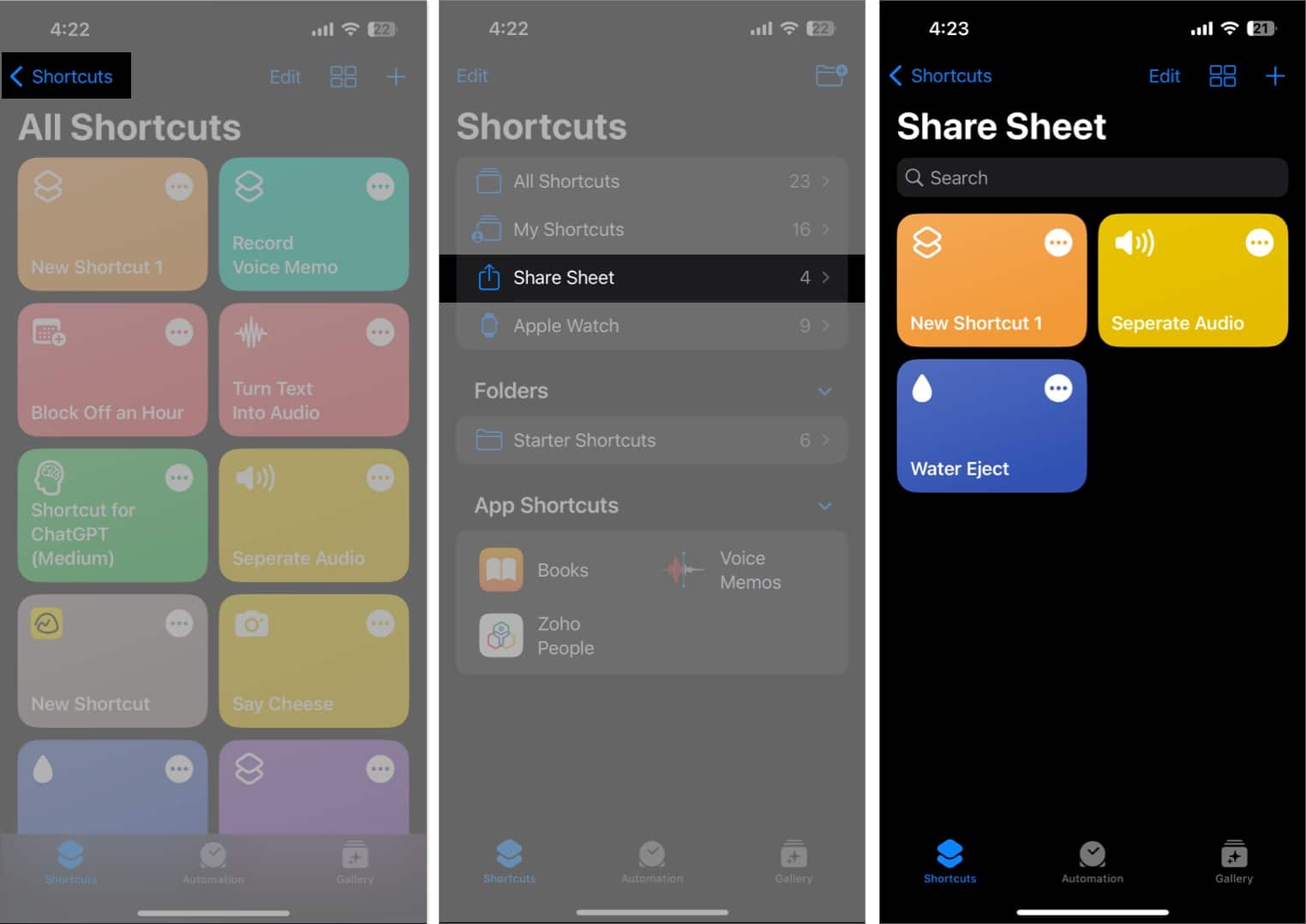 Tap shortcuts, sharesheet in the shortcuts app
