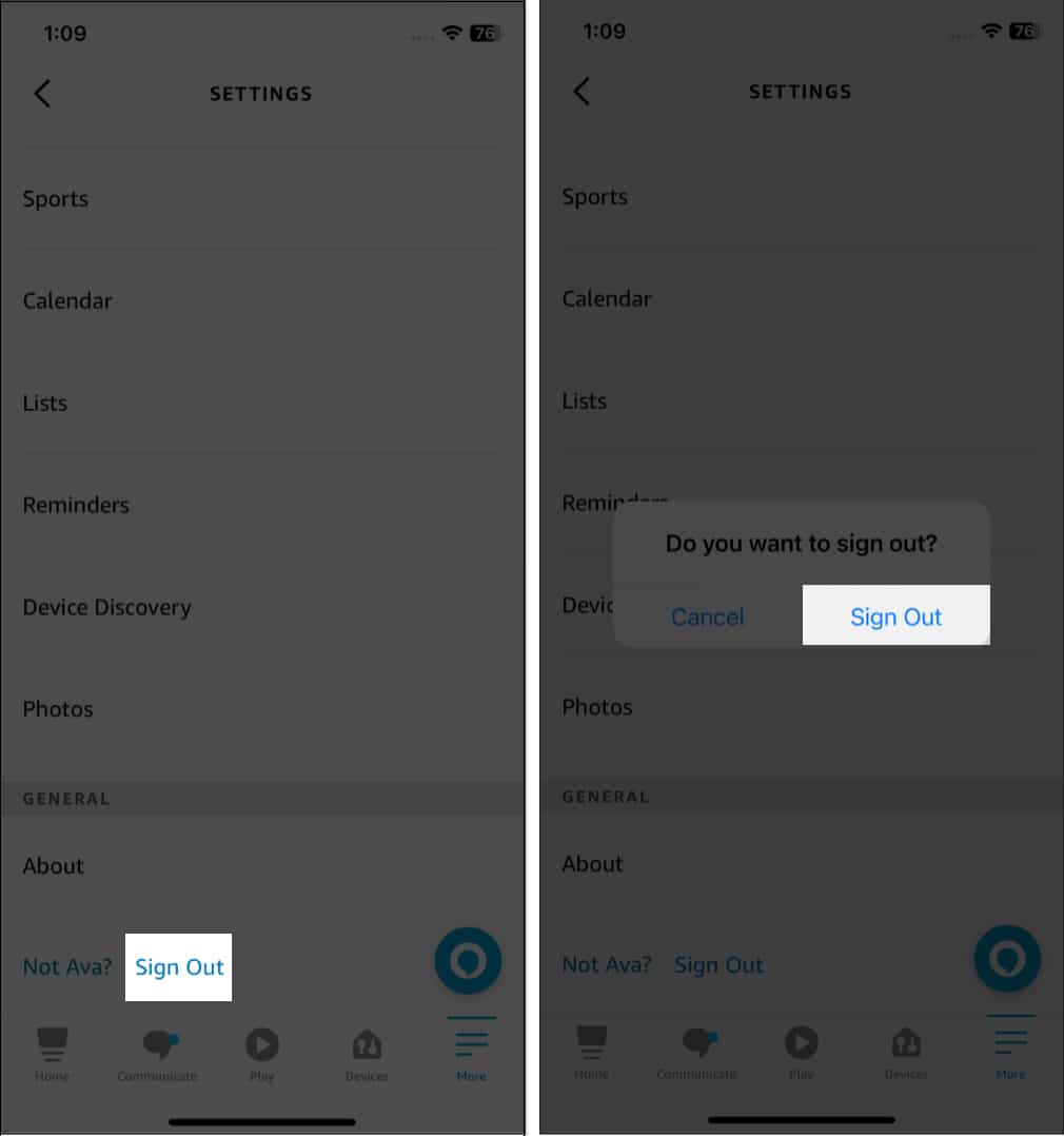 Tap sign out, sign out when prompted in alexa app