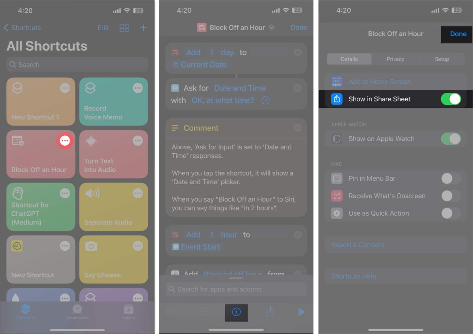 Tap the three-dot icon, the info button, enable show in share sheet and done in the shortcuts app