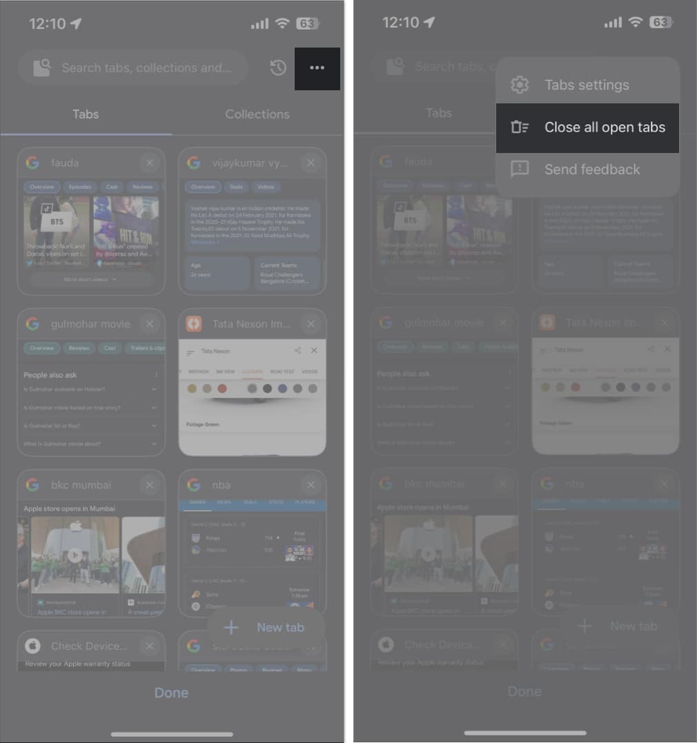 Tap three-dot icons, close all open tabs in google chrome