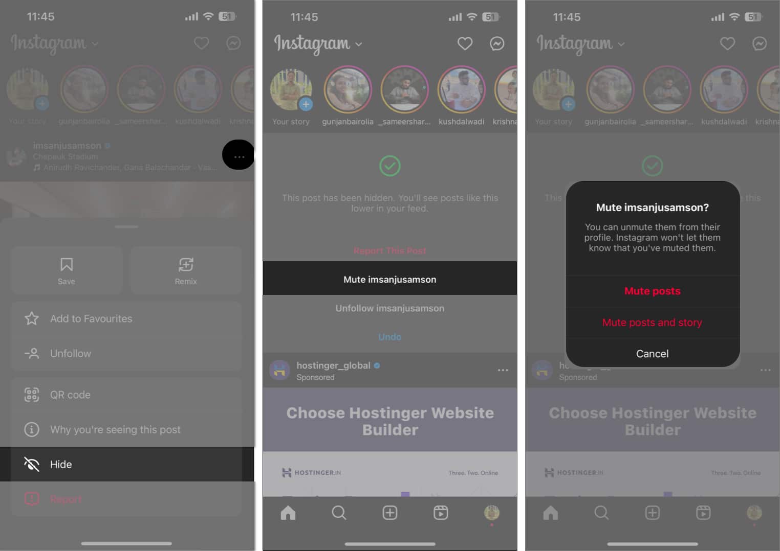 Tap three dots select hide tap mute posts in Instagram