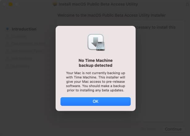 Time Machine backup notice on Mac to download public beta 2