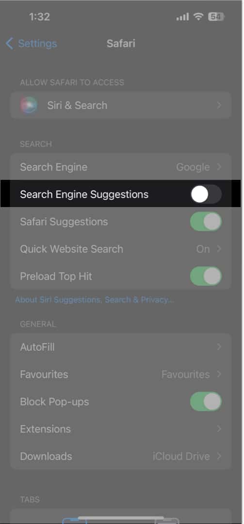 Toggle off search engine suggestions