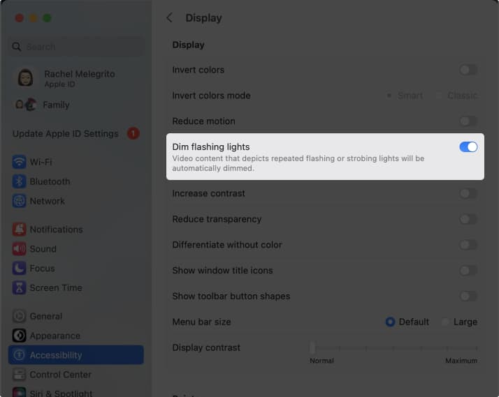 Toggle on Dim flashing lights from Mac's Settings