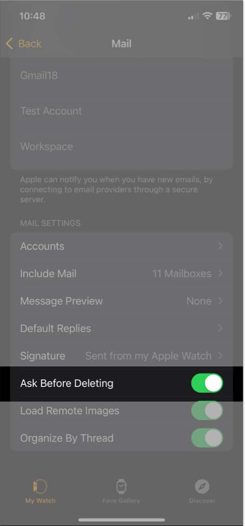 Turn ON Ask Before deleting in Watch App