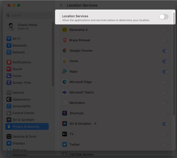 Turn ON Location Services in macOS Ventura