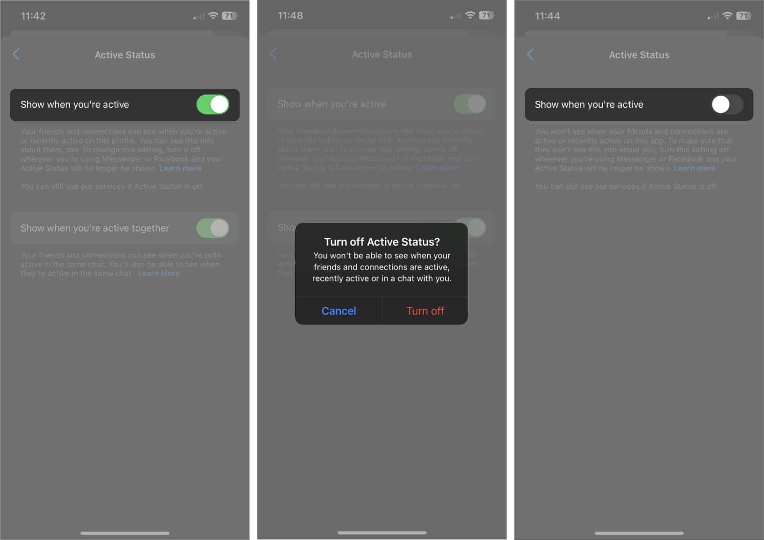 Kapcsolja ki az Aktív állapotot az iPhone Messenger alkalmazásból