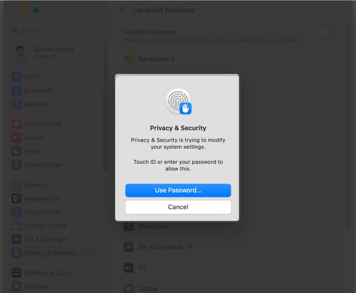 Use Password to enable Location Services on Mac