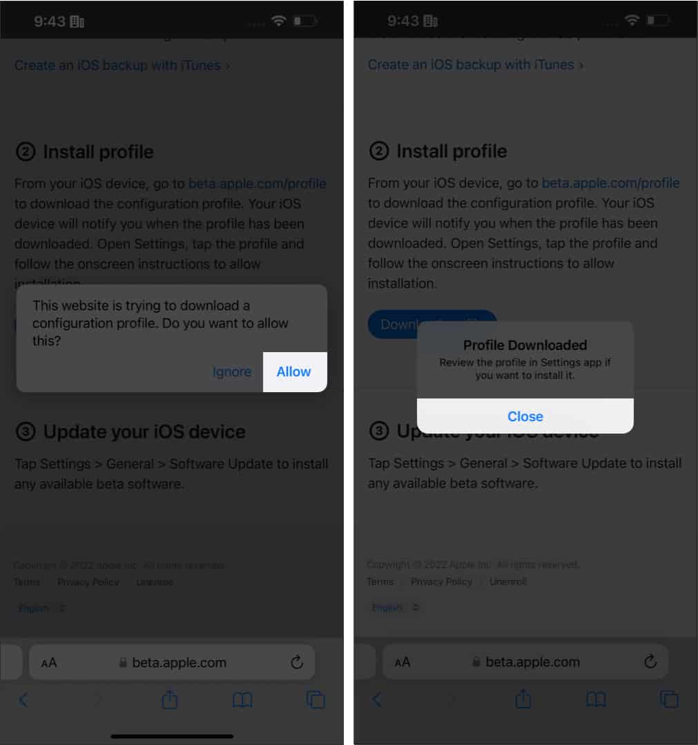 tap allow and then close after downloading ios Public beta
