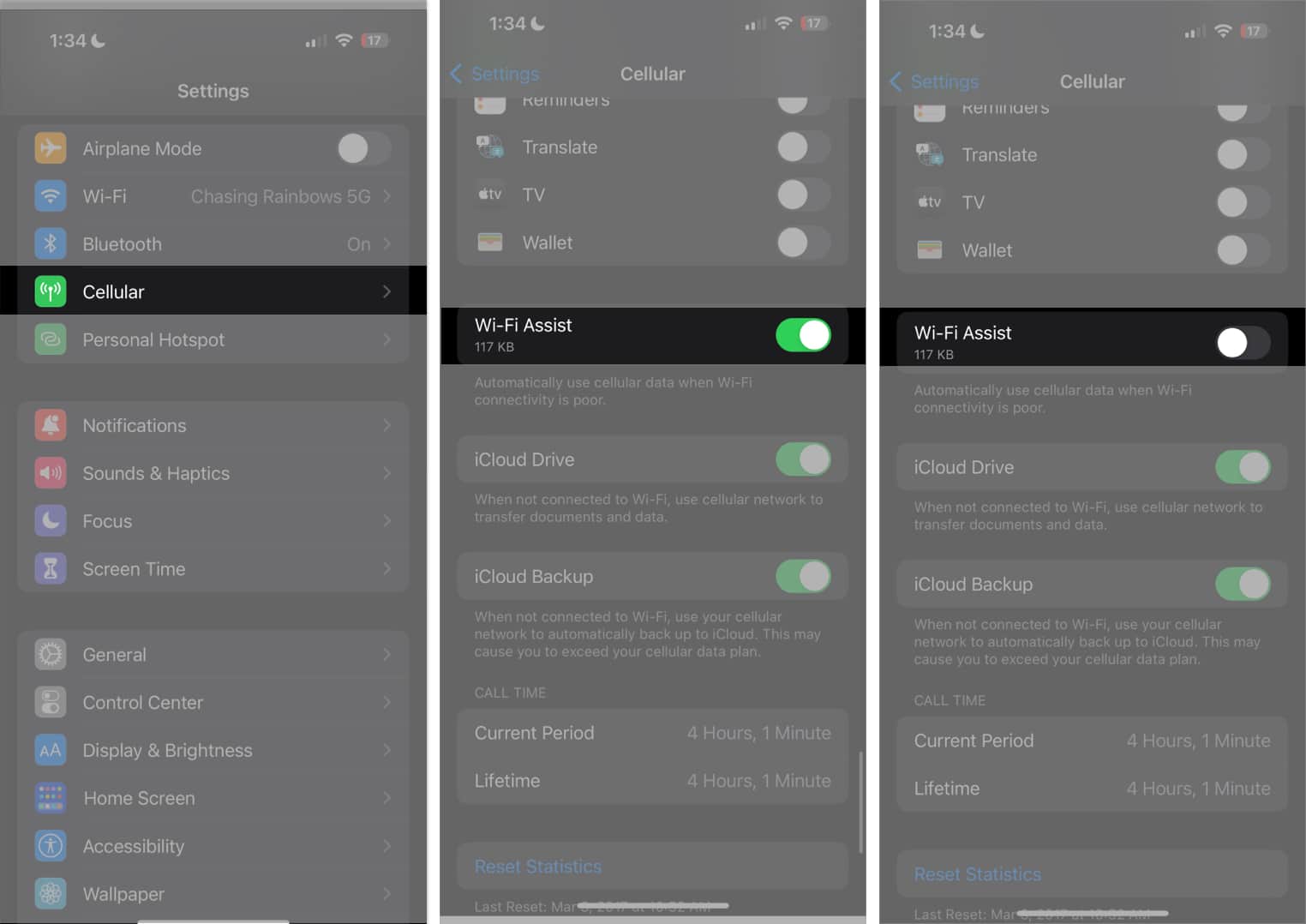 tap cellular, toggle of wi-fi assist in settings