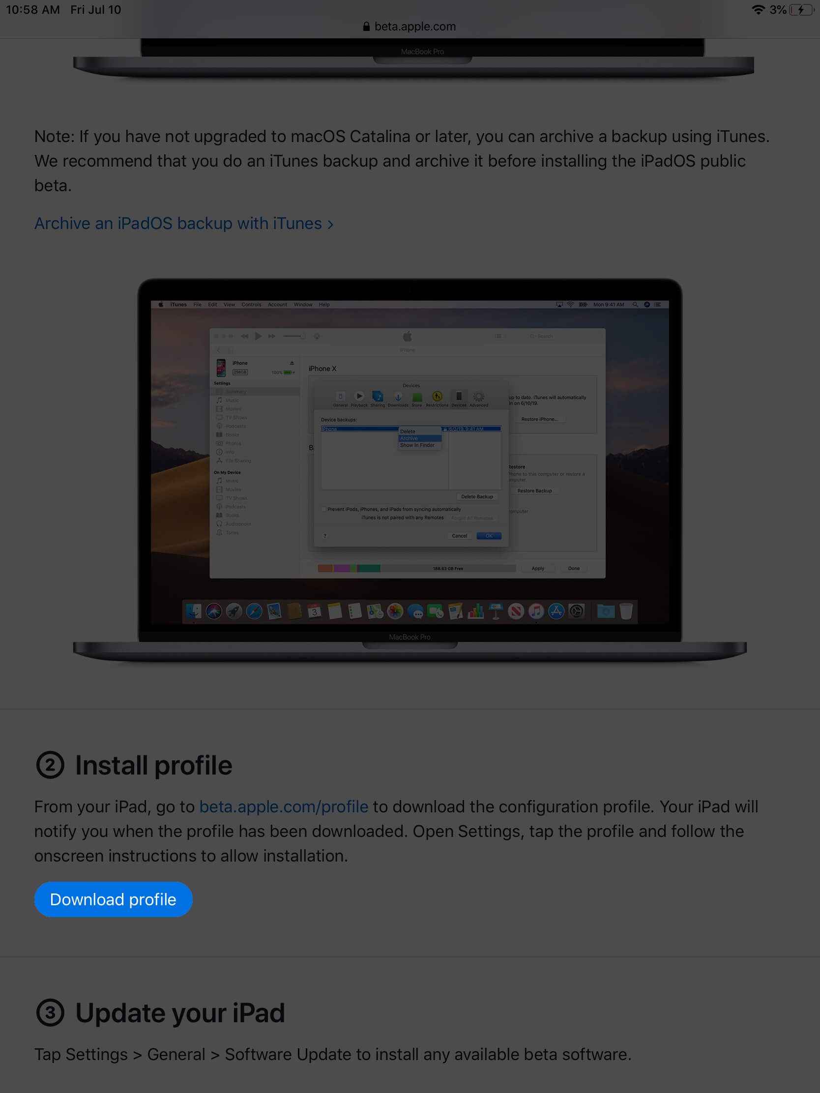tap on download profile in ipados 14