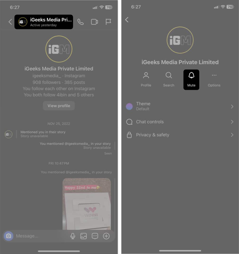 tap the profile name mute in instagram