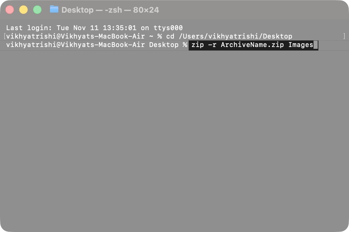 type the code zip -r ArchiveName.zip FolderName