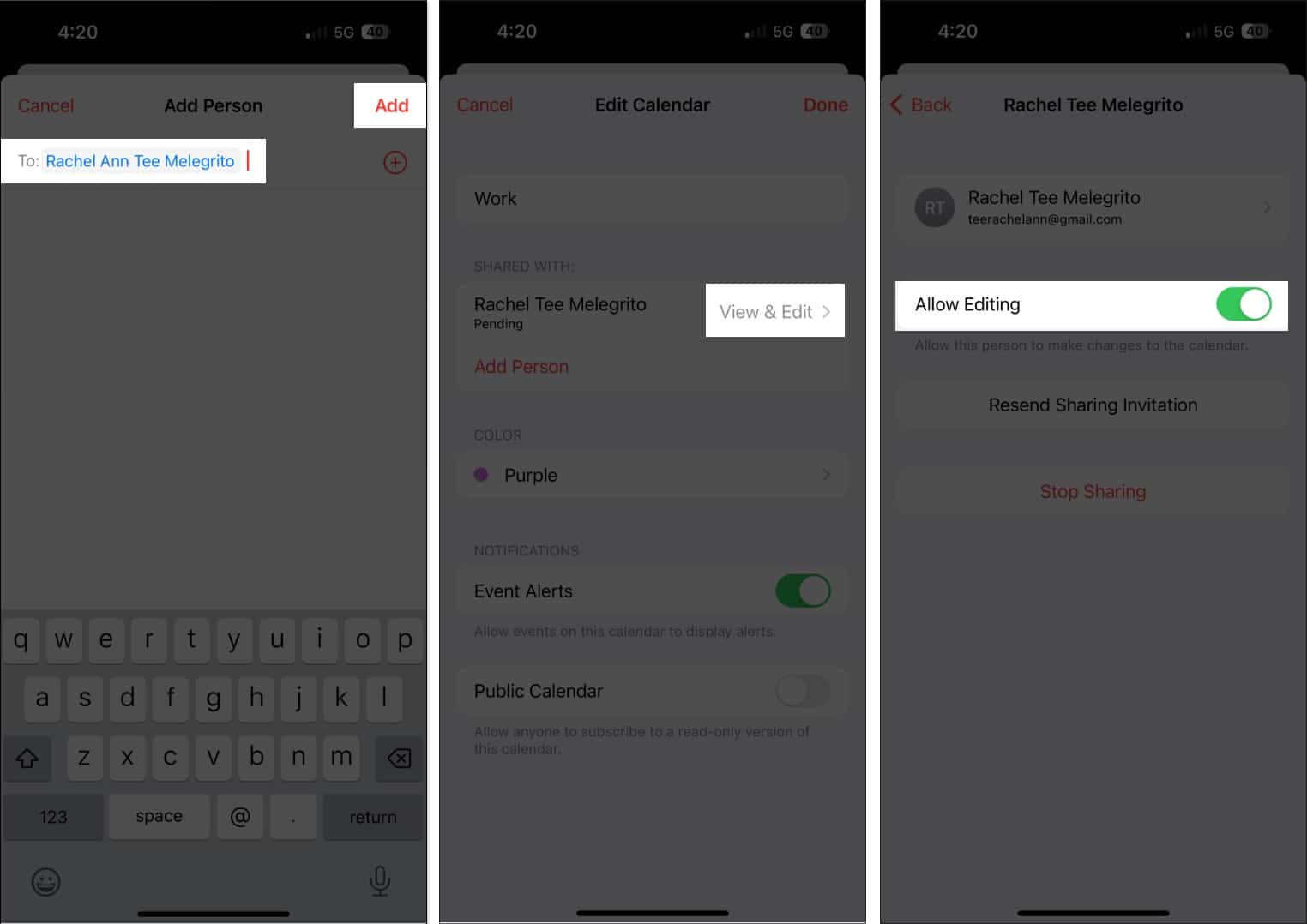 Add the person, tap add, check permissions, toggle on allow editing in calendars app