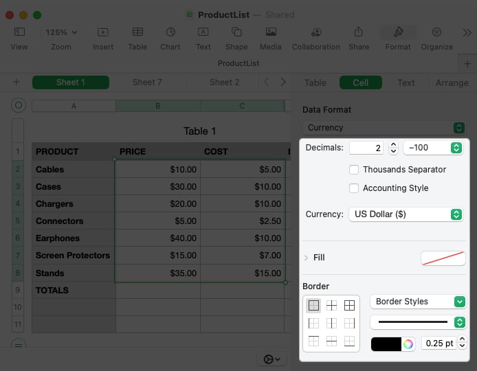 Adjust additional formatting style in numbers