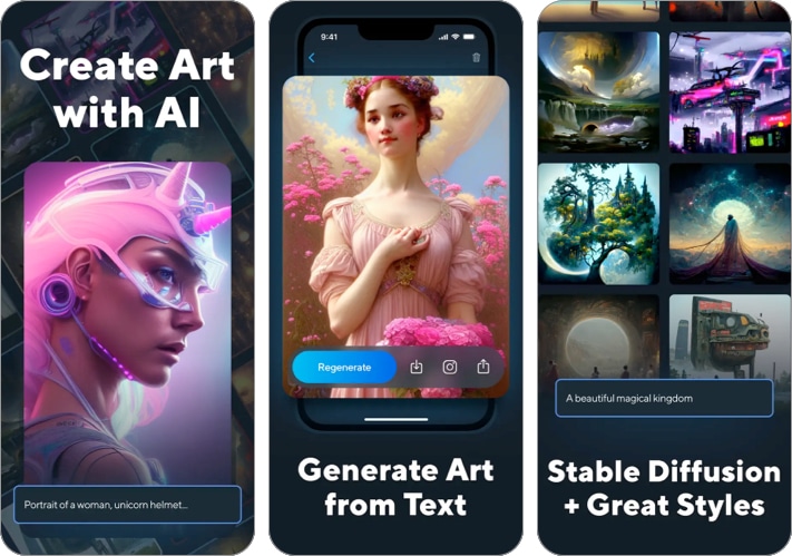 Tangkapan skrin aplikasi iPhone penjana seni Artis AI