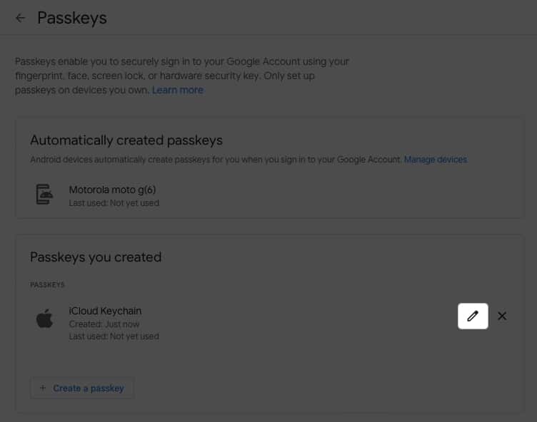 Change the name of your passkey click the Edit button