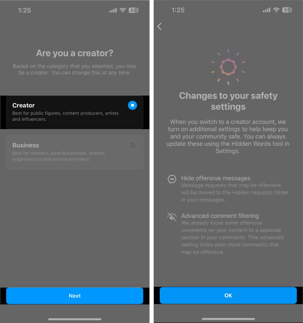 Choose creator option press continue and ok in instagram