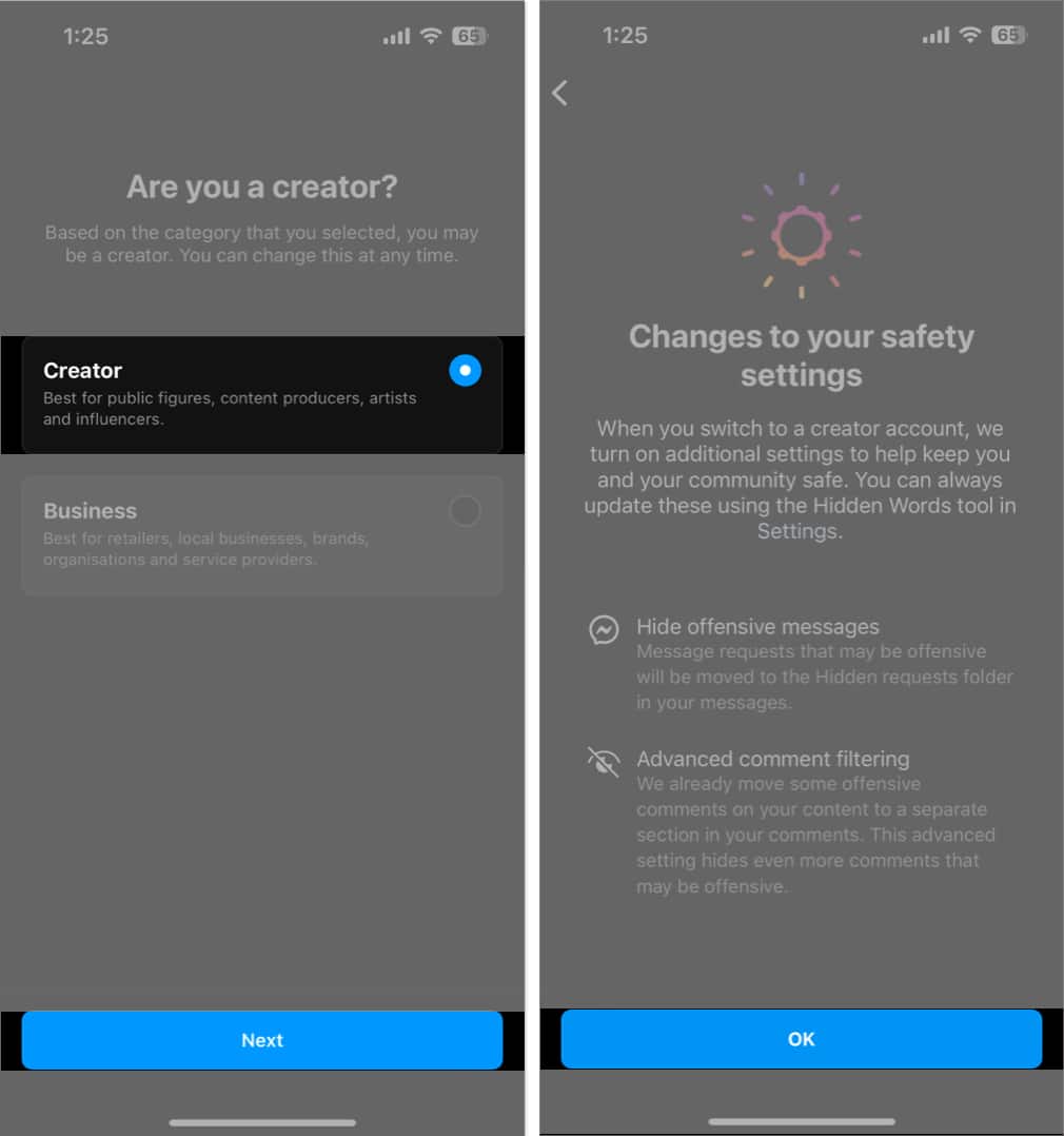 Choose creator option, press continue and ok in instagram