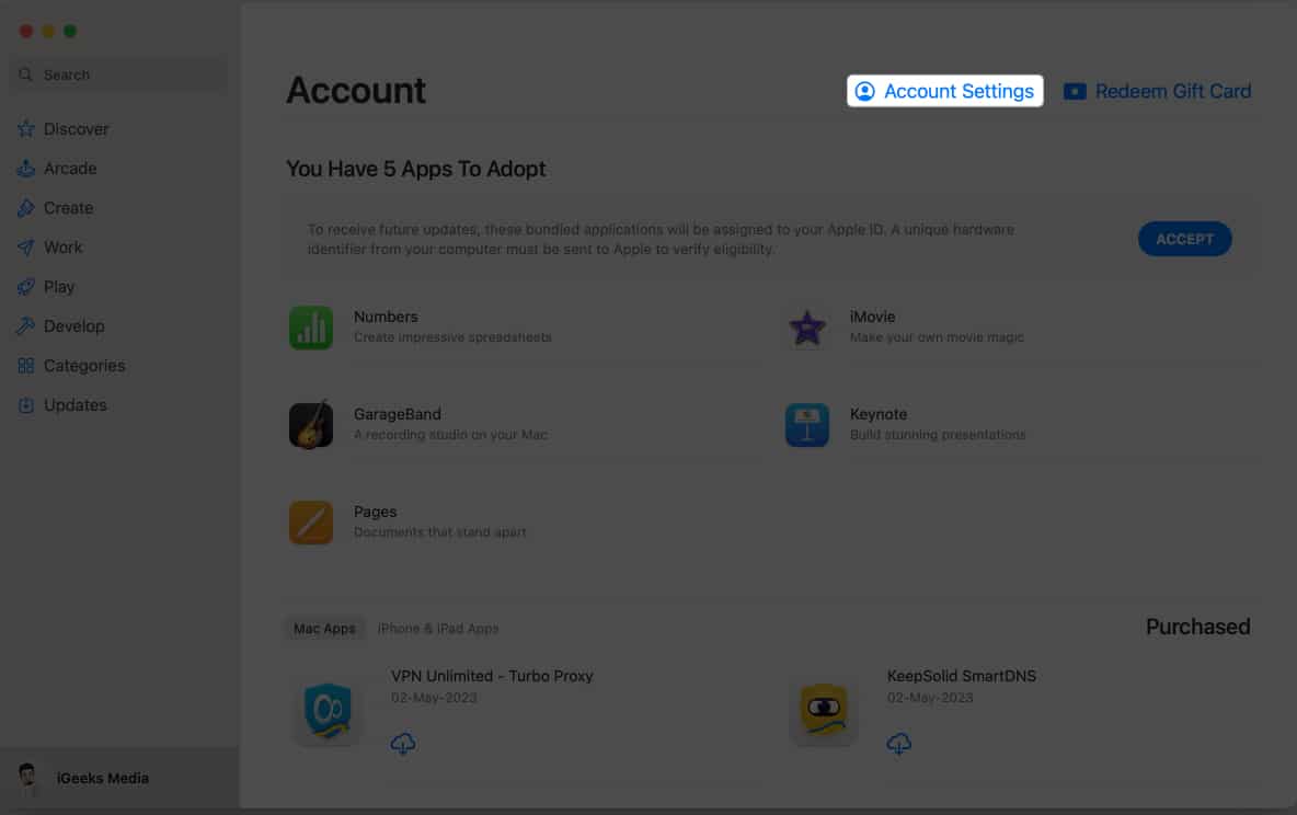 Klik Tetapan Akaun dalam App Store