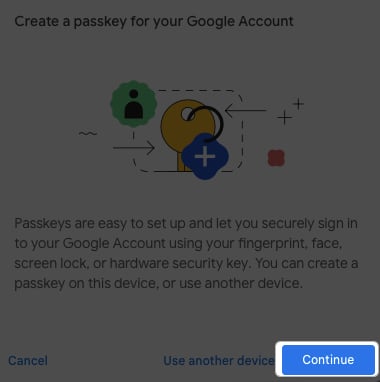 Click Continue in Google Account on Mac
