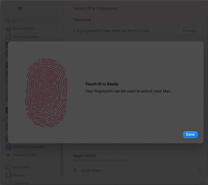 Click Done to finish scanning and set up the fingerprint