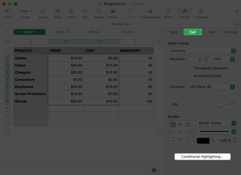 Click cell, conditional highlight in numbers