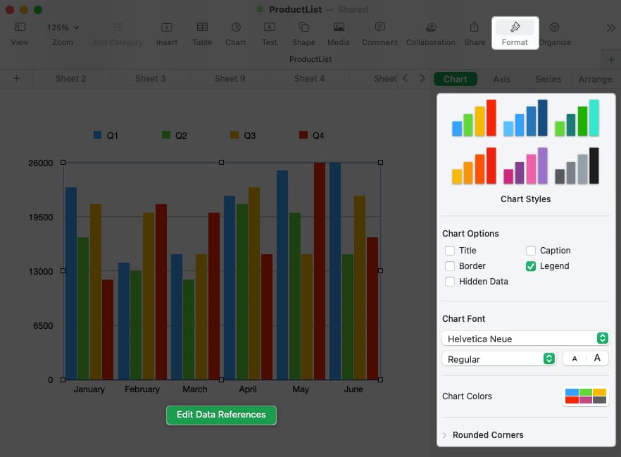 Click format, make changes, edit preferences in numbers