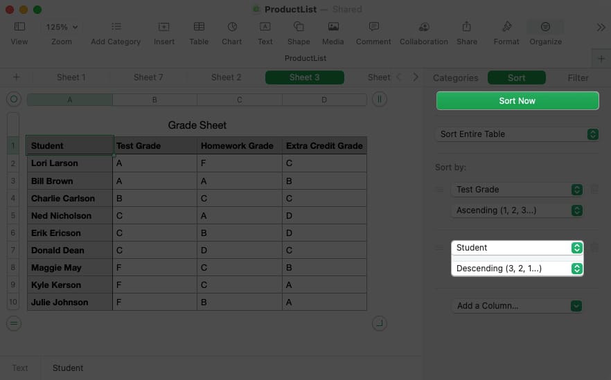 Click sort now in numbers on mac