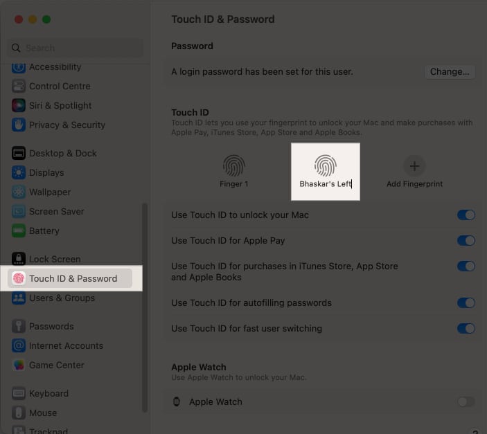 Click the fingerprint name type a new name and hit return