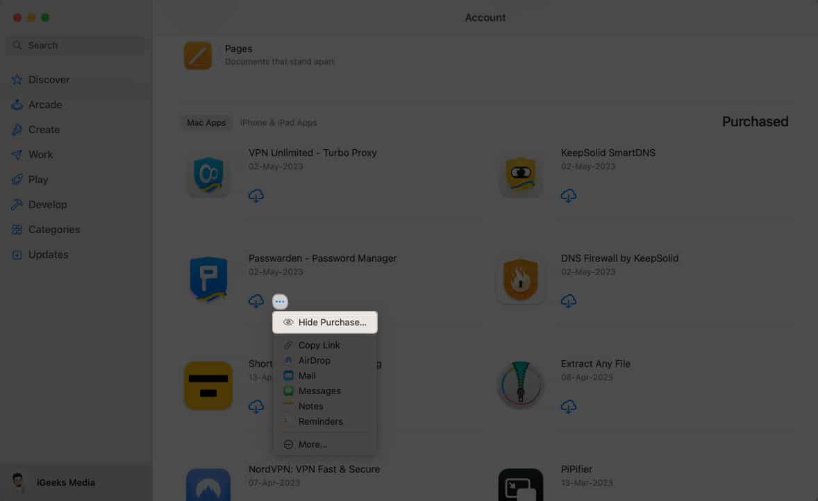 Klik ikon tiga titik, sembunyikan pembelian dalam App Store