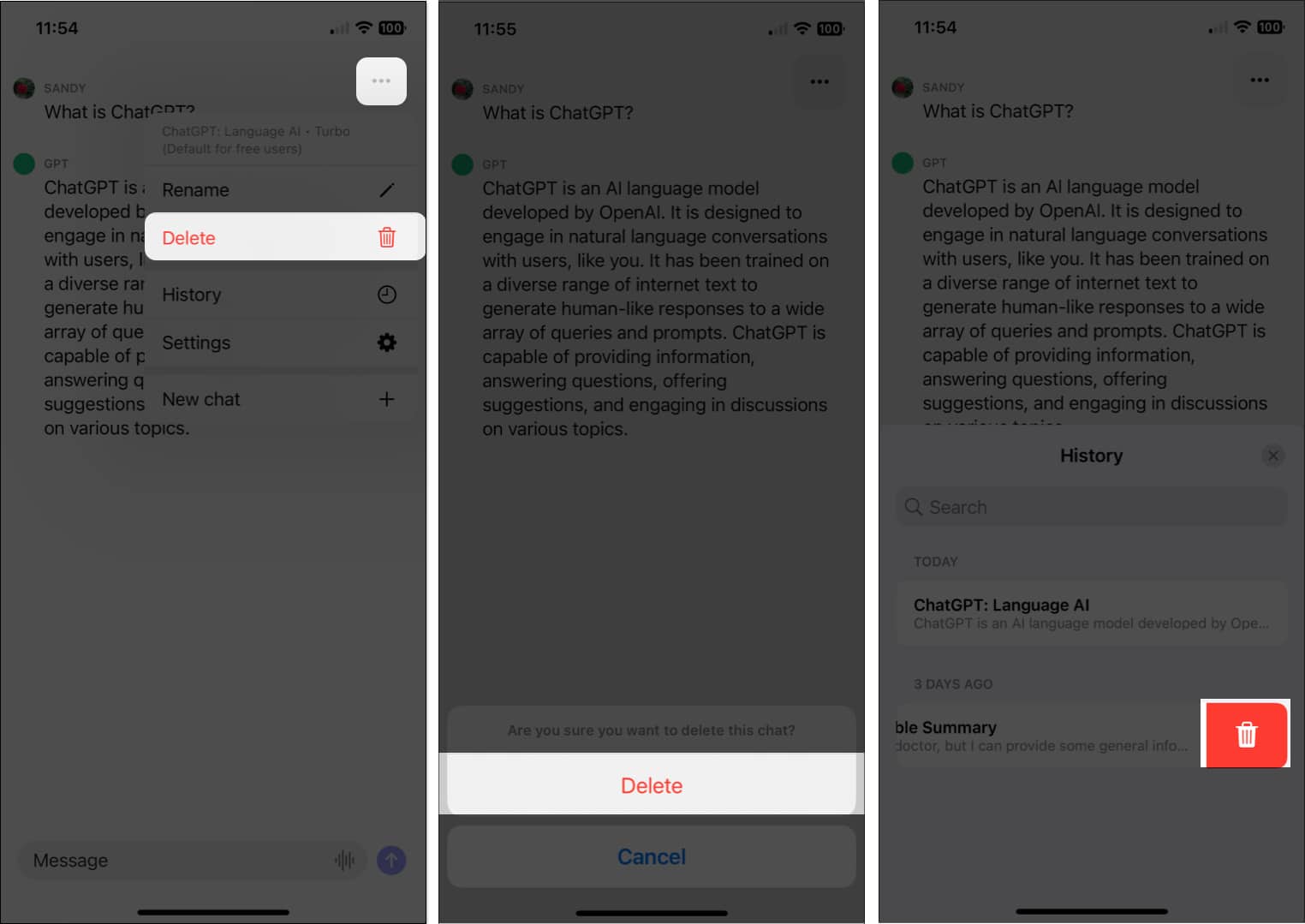 A ChatGPT alkalmazás előzményeinek törlése iPhone-on