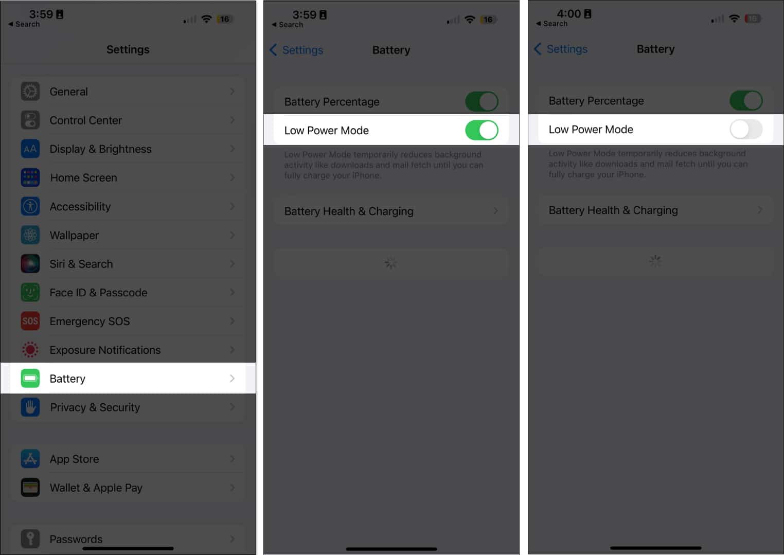 Disable Low Power Mode on iPhone