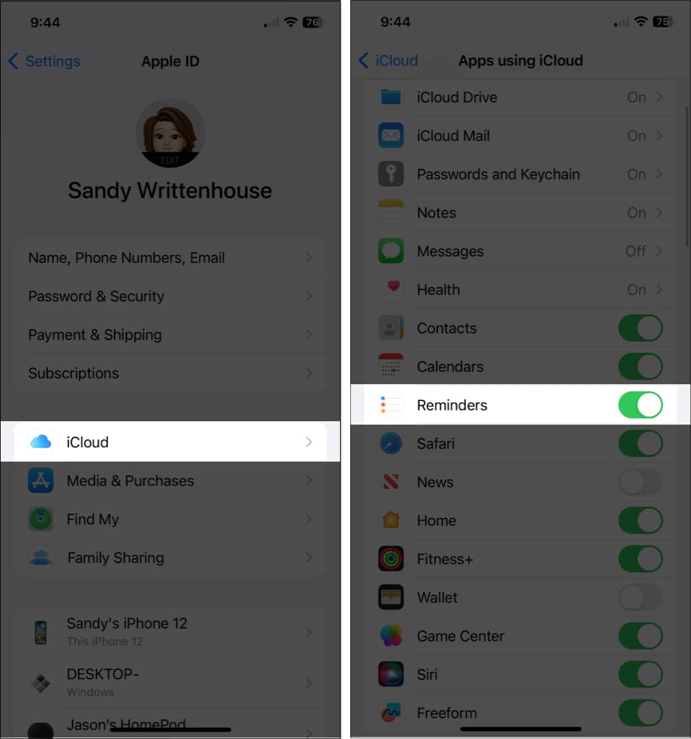 Enable Reminders syncing on iPhone