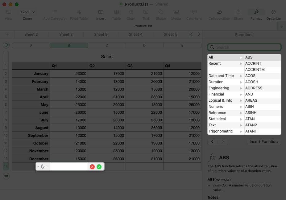 Enter = in cell, and select a function in numbers