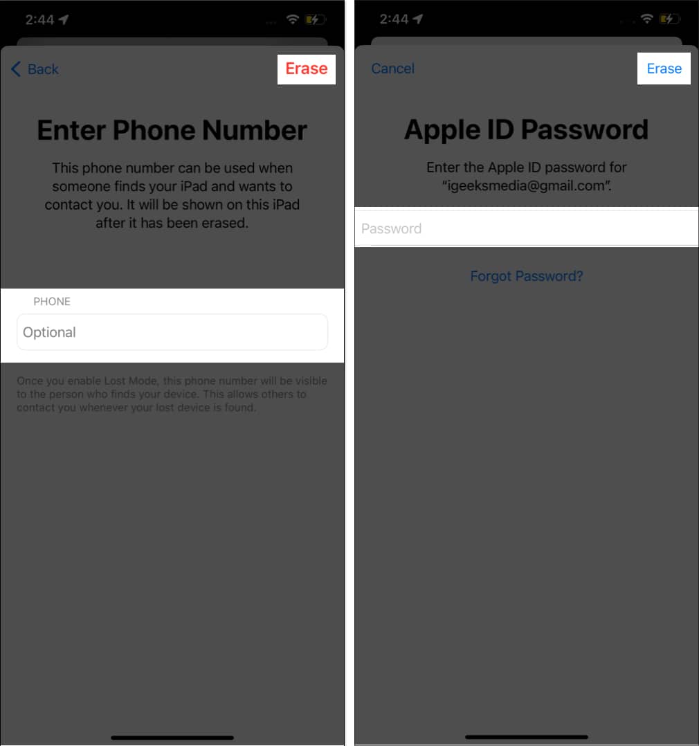 Enter your Phone number, select Erase, provide your Apple ID password, and tap Erase